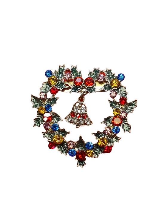 European Glass Christmas ornament of a Colourful Crystal Heart Wreath with Bell | Brooch V