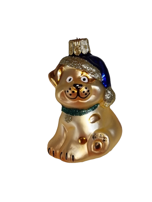 European Glass Christmas ornament of a Dog | Sparkle Santa Hat (G)