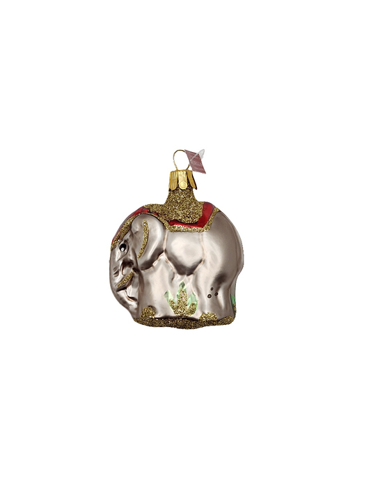 European Glass Christmas ornament of a Elephant saddle red sparkle (F)
