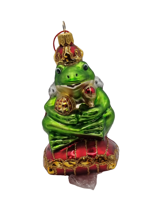 European Glass Christmas ornament of a Frog king cushion (U)