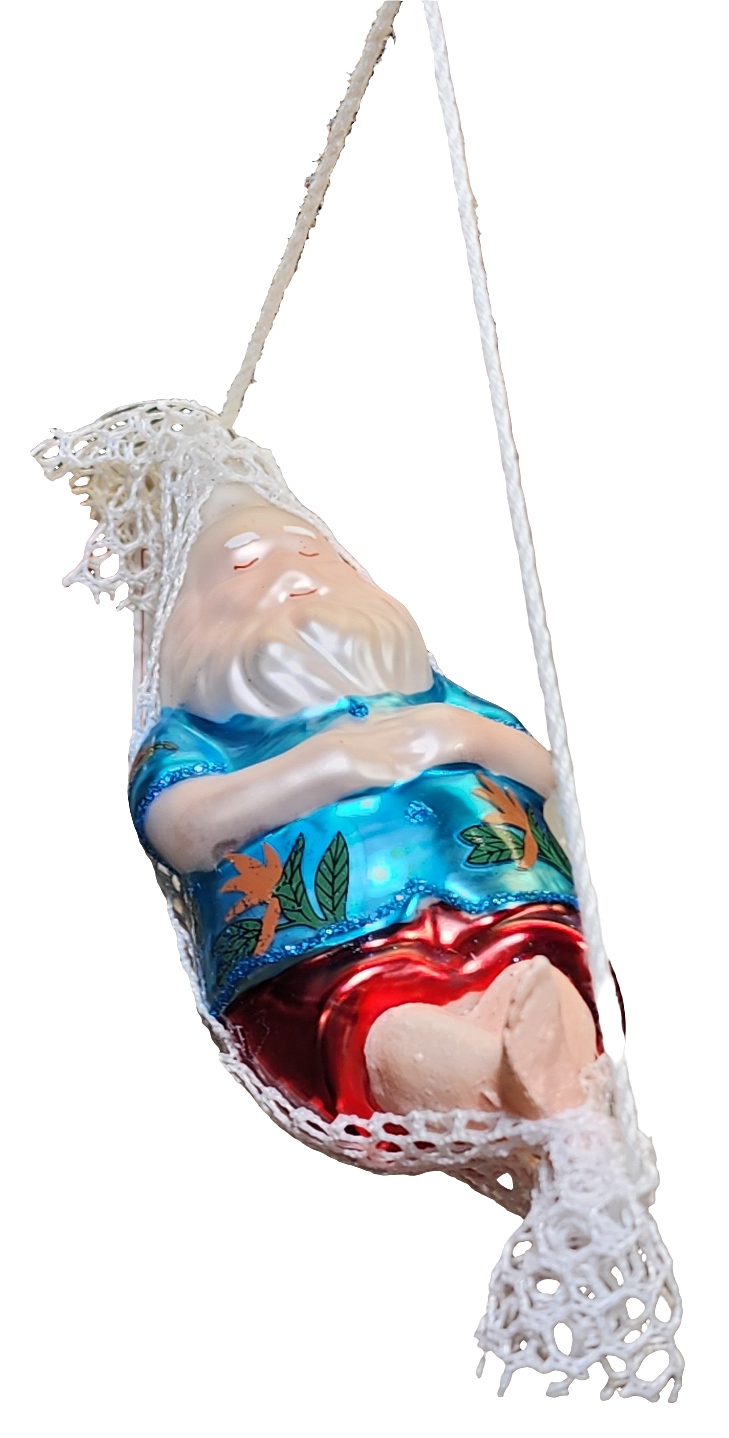 European Glass Christmas ornament of a Beach Santa in Hammock (H)