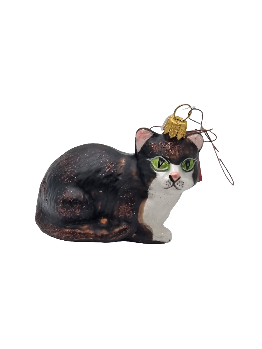 European Glass Christmas ornament of a Cat | Black with White Chest (S)