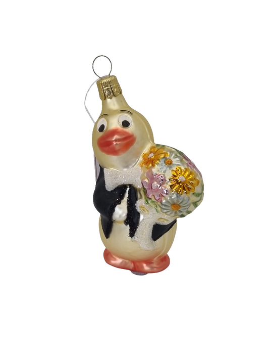 European Glass Christmas ornament of a Duck flowers tuxedo (K)