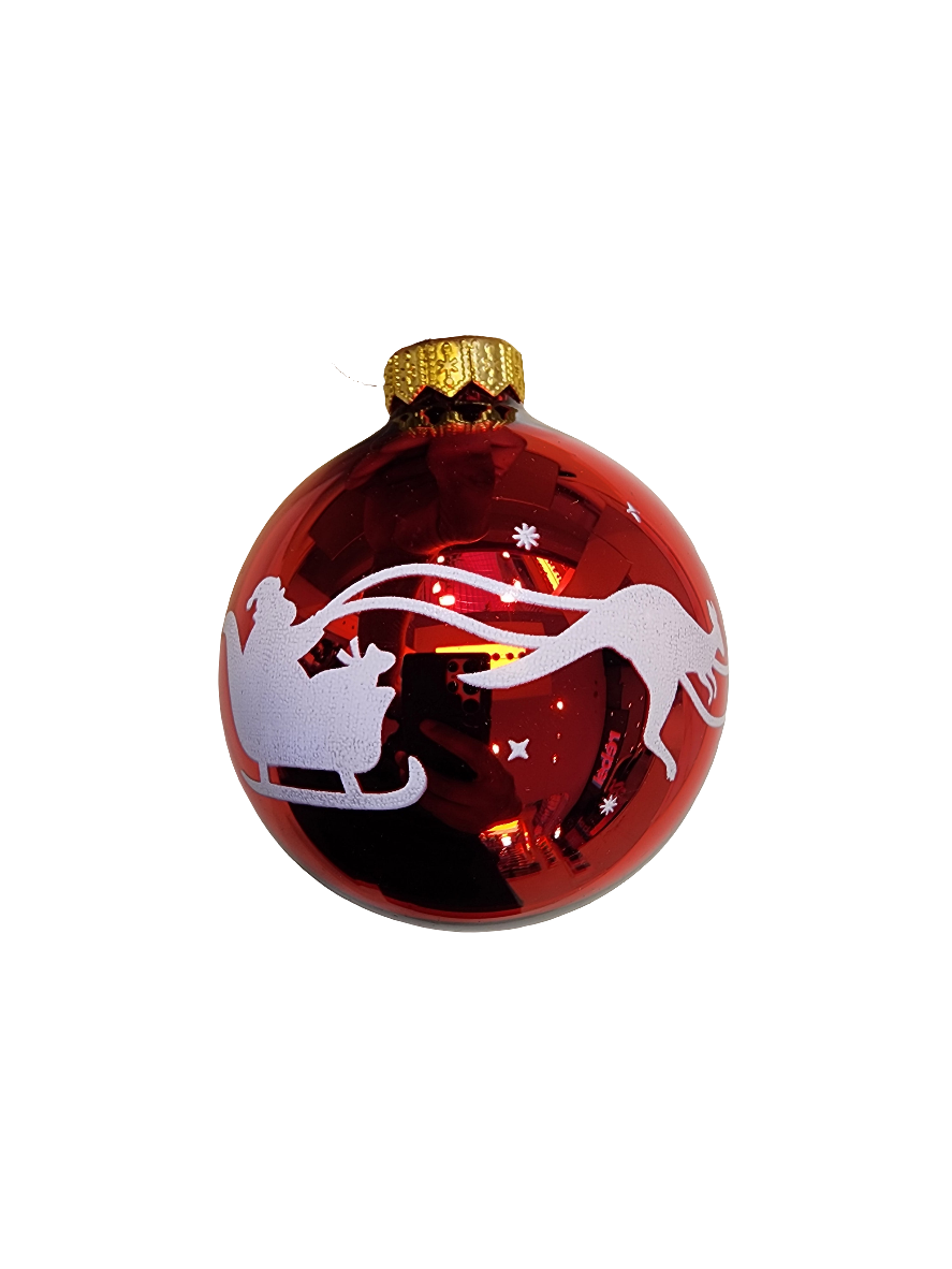 European Glass Christmas ornament of a Bauble | Red with Santa's Sleigh & Kangaroos (I)