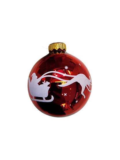 European Glass Christmas ornament of a Bauble | Red with Santa's Sleigh & Kangaroos (I)