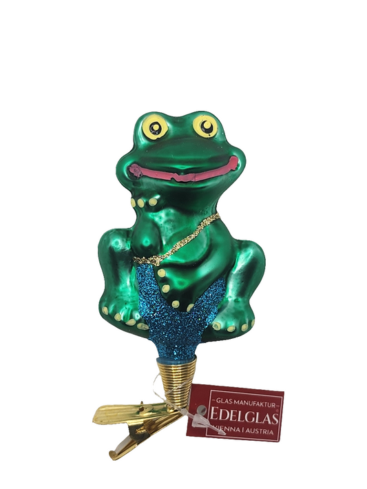 European Glass Christmas ornament of a Frog Cartoon on Clip (G)