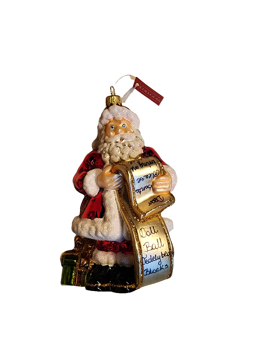 European Glass Christmas ornament of a Santa | Seated with List (W)