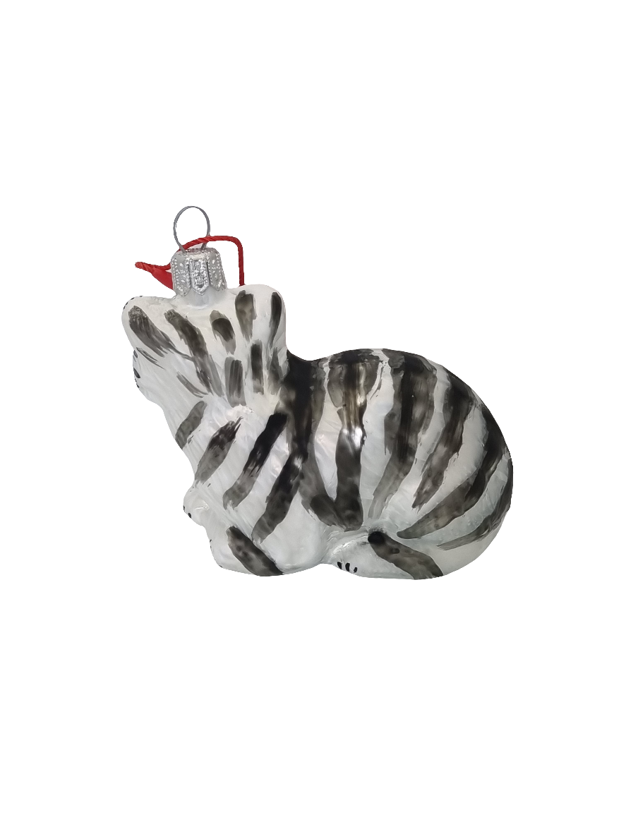 European Glass Christmas ornament of a Cat | White with Black Stripes & Green Eyes (P)