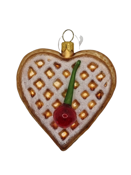 European Glass Christmas ornament of a Waffle Heart with Cherry (K)