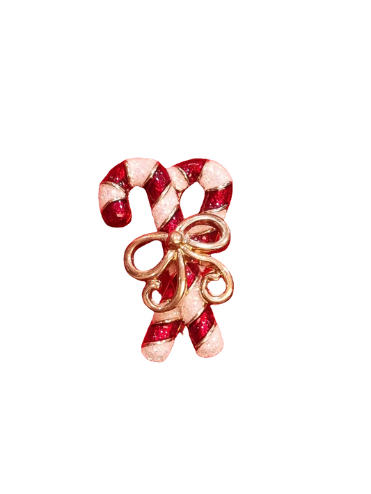 European Glass Christmas ornament of a Double Candy Cane with Gold Bow | Brooch V