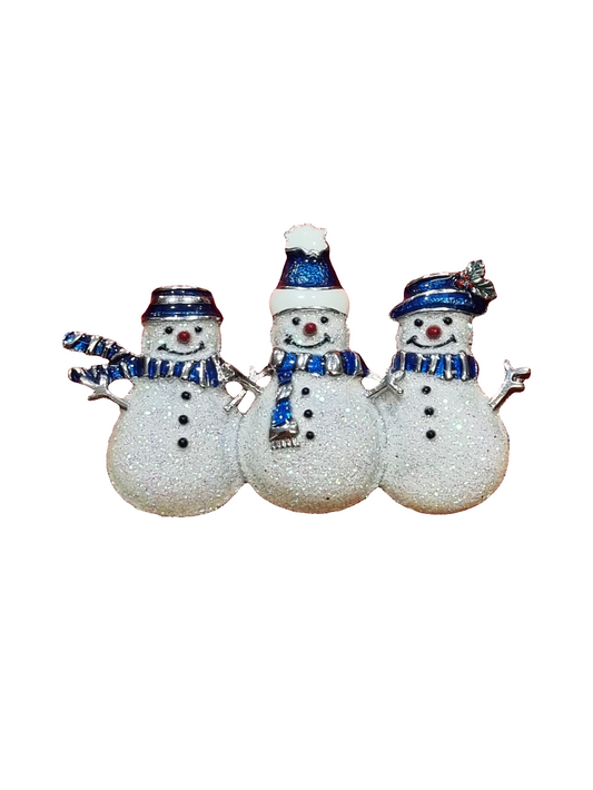 European Glass Christmas ornament of a Double Snowman Blue Hats| Brooch V