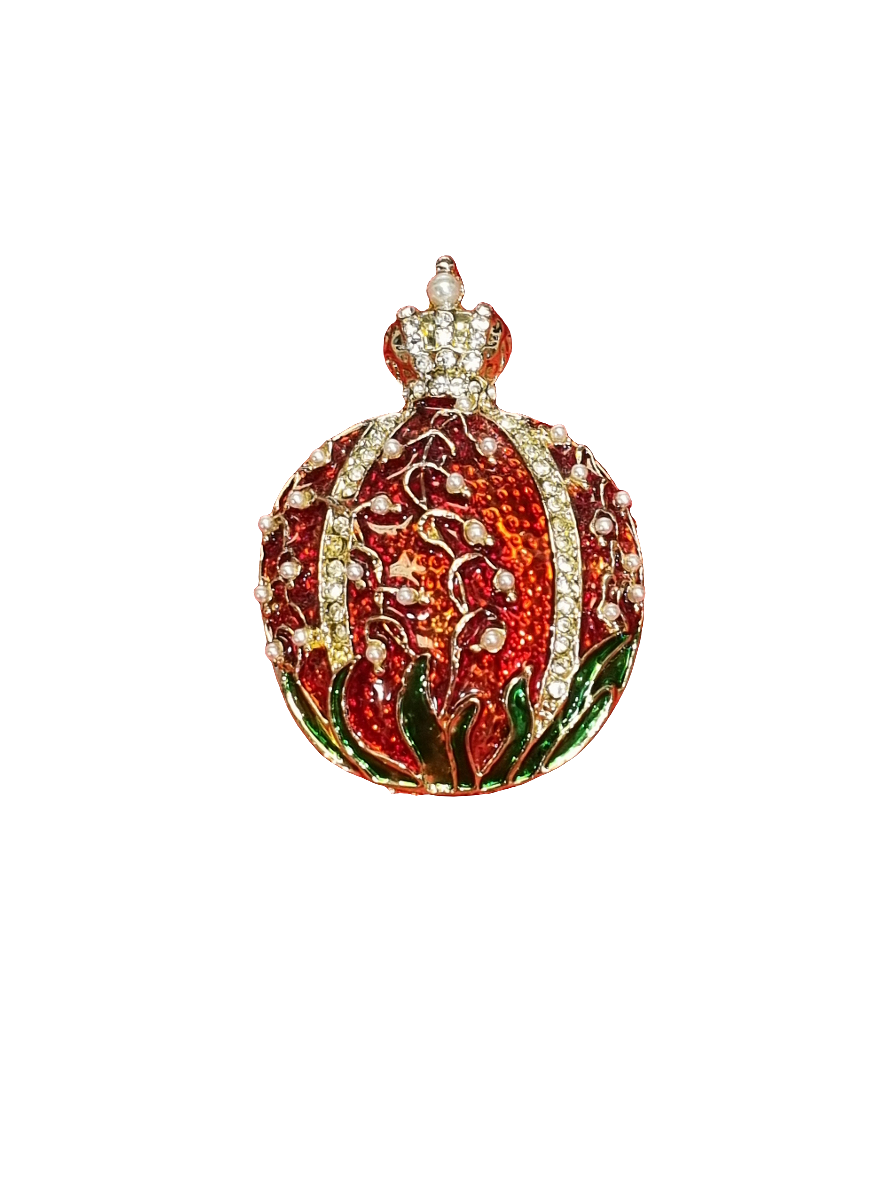 European Glass Christmas ornament of a Vintage Pommegranate & Lily of the Valley Pearl Crown Faberge Egg Style | Brooch V