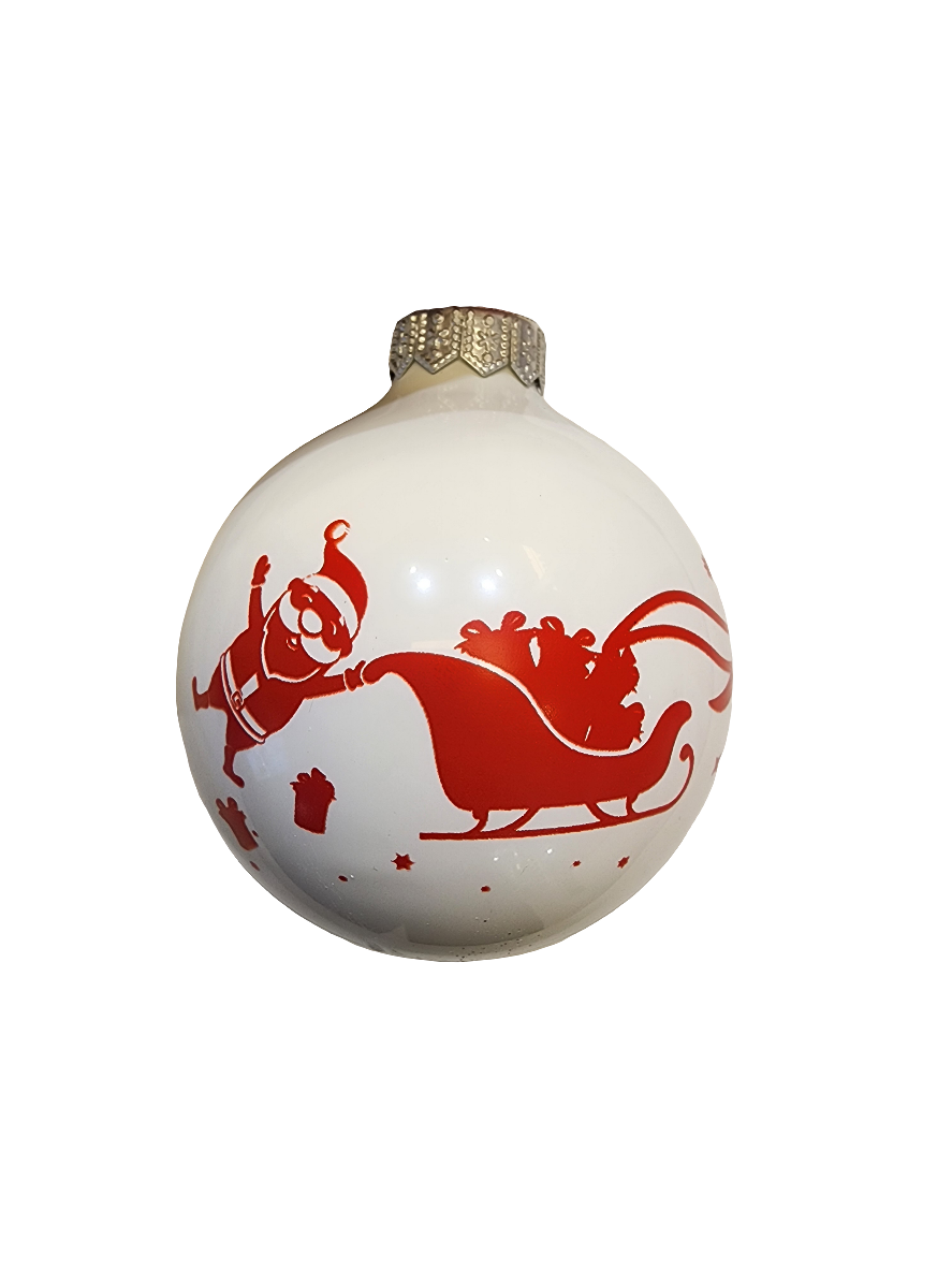 European Glass Christmas ornament of a Bauble | White with Santa's Sleigh & Kangaroos (I)