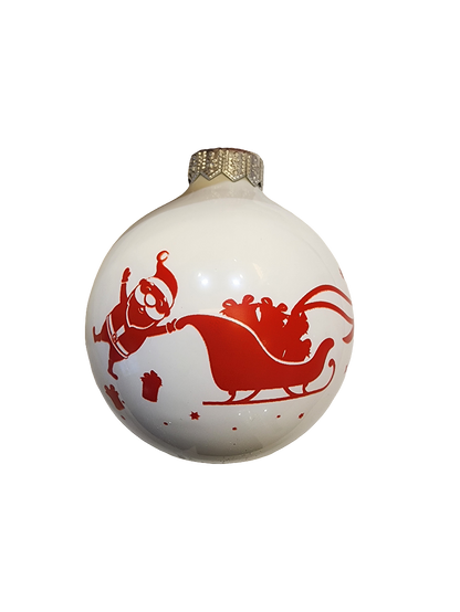 European Glass Christmas ornament of a Bauble | White with Santa's Sleigh & Kangaroos (I)