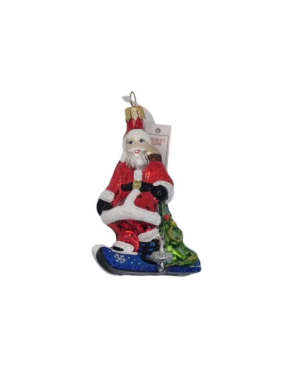European Glass Christmas ornament of a Santa on sled tree presents (P)