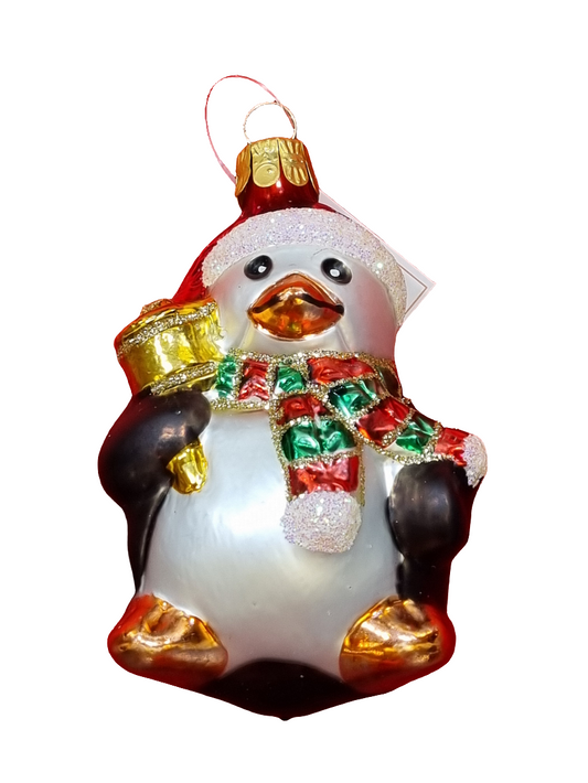 European Glass Christmas ornament of a Penguin with Scarf & Lantern (I)