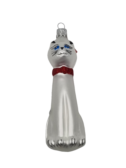 European Glass Christmas ornament of a Cat | Bow Tie Sitting Tall (K)