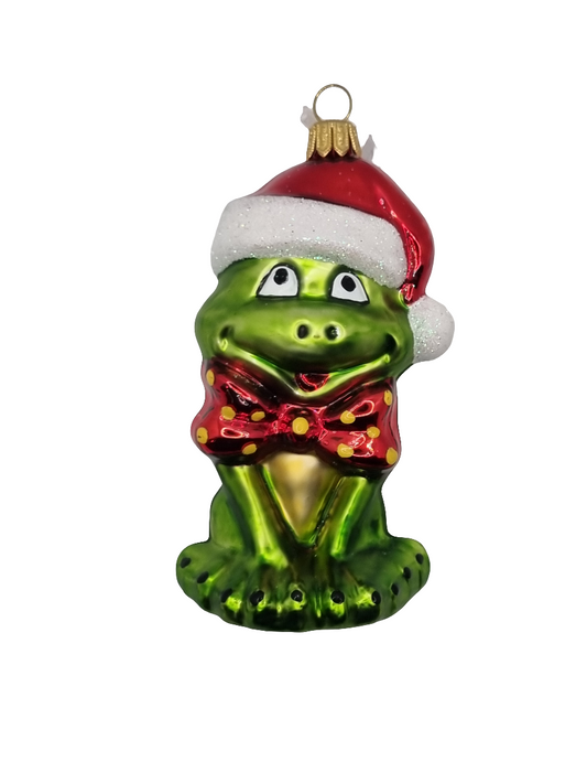 European Glass Christmas ornament of a Frog Bow Tie Santa Hat (P)