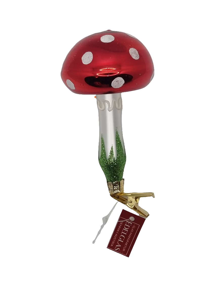 European Glass Christmas ornament of a Mushroom | Green Sparkle Grass White Dots on Clip (K)