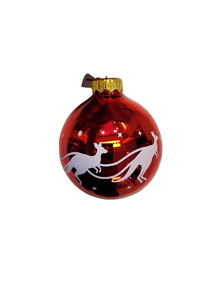 European Glass Christmas ornament of a Bauble | Red with Santa's Sleigh & Kangaroos (I)