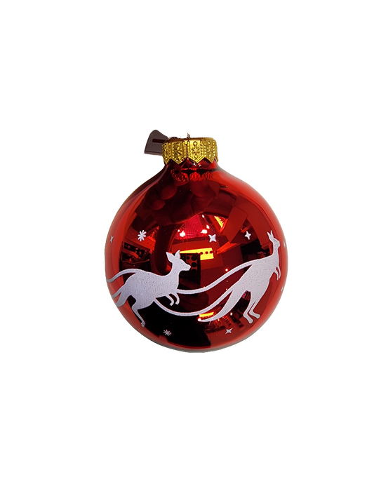 European Glass Christmas ornament of a Bauble | Red with Santa's Sleigh & Kangaroos (I)