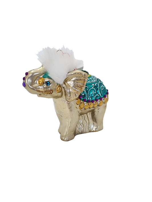 European Glass Christmas ornament of a Elephant gold bejewled fur (U)