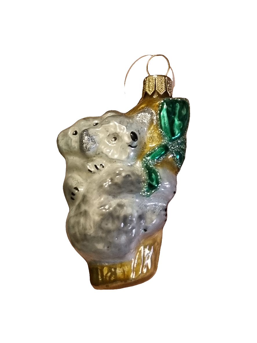 European Glass Christmas ornament of a Koala Family on Branch Glittery (M)
