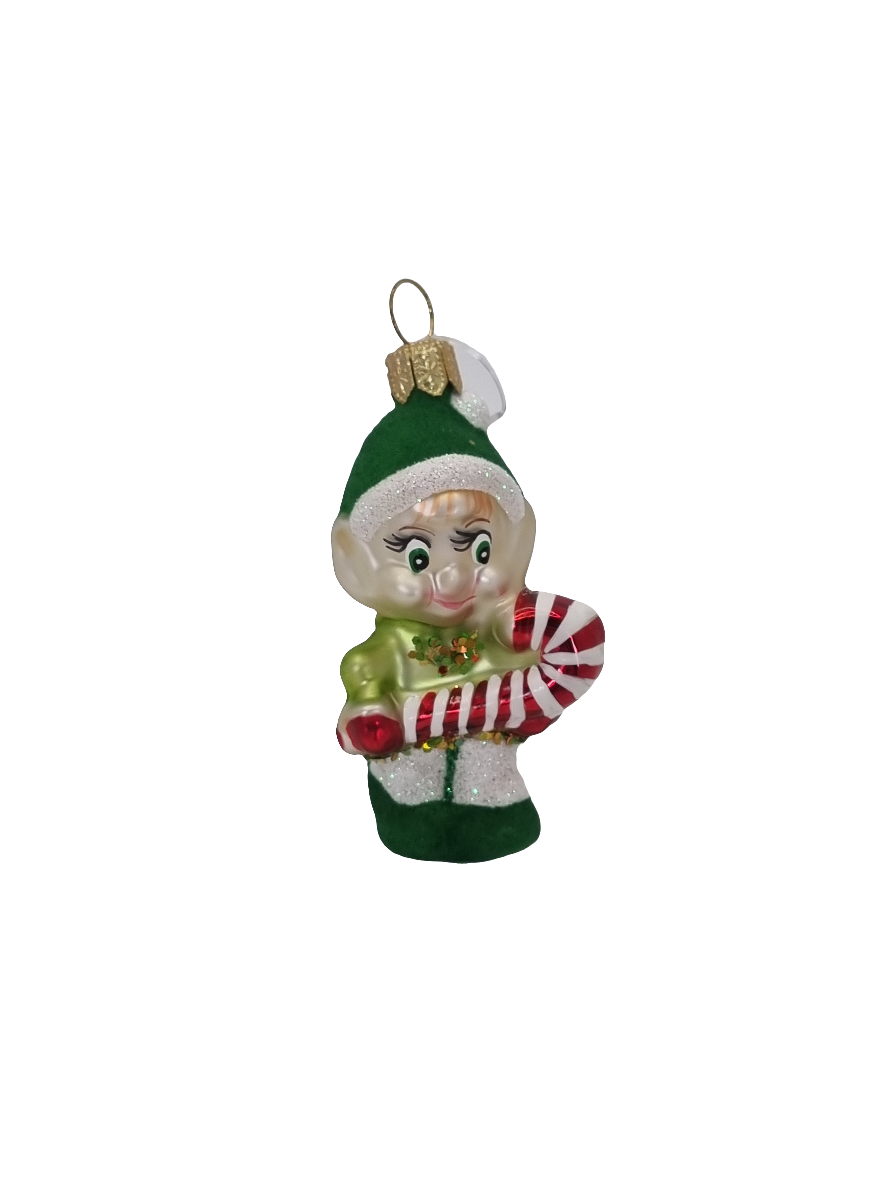 European Glass Christmas ornament of a Elf with Candy Cane (M)