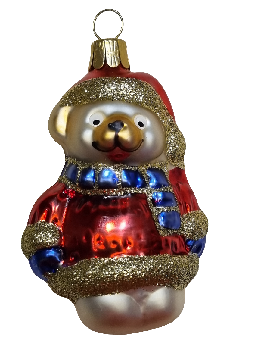 European Glass Christmas ornament of a Bear | Teddy Bear in Sparkly Jacket, Hat & Scarf (H)
