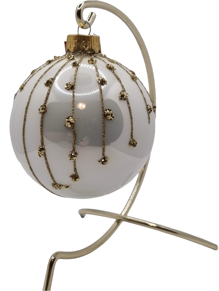European Glass Christmas ornament of a Bauble | White with Gold Lines (F)