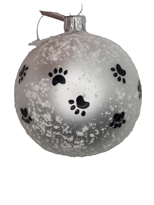 European Glass Christmas ornament of a Bauble | Silver with Paw Prints (H)