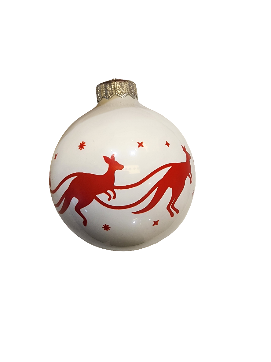 European Glass Christmas ornament of a Bauble | White with Santa's Sleigh & Kangaroos (I)