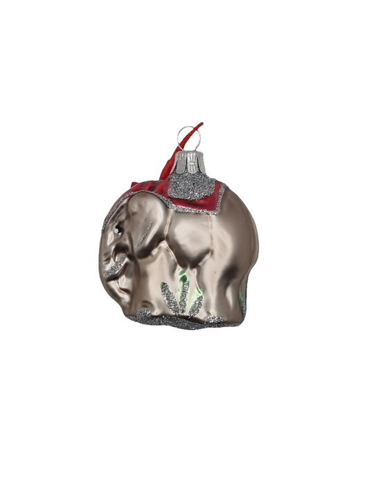 European Glass Christmas ornament of a Elephant saddle red sparkle (E)