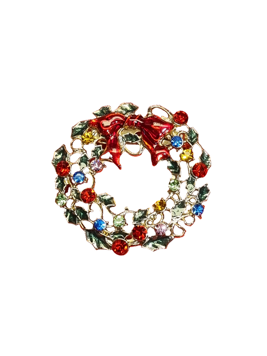 European Glass Christmas ornament of a Wreath with Colourful Crystals | Brooch V