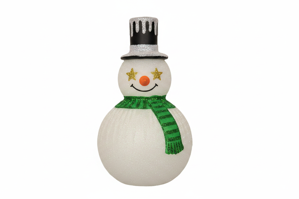 A snowman holiday decoration with a white textured body, a green striped scarf, gold star eyes, an orange nose, and a black glitter top hat, isolated on a white background.
