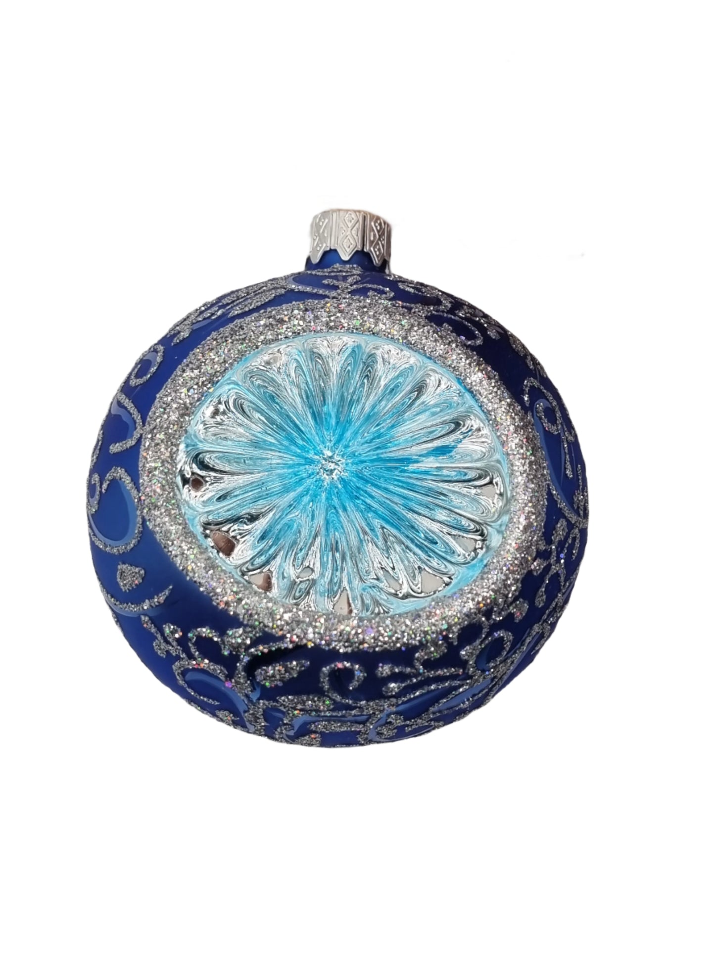 European Glass Christmas ornament of a Bauble | Frosted Glitter Pattern with Indent (J)