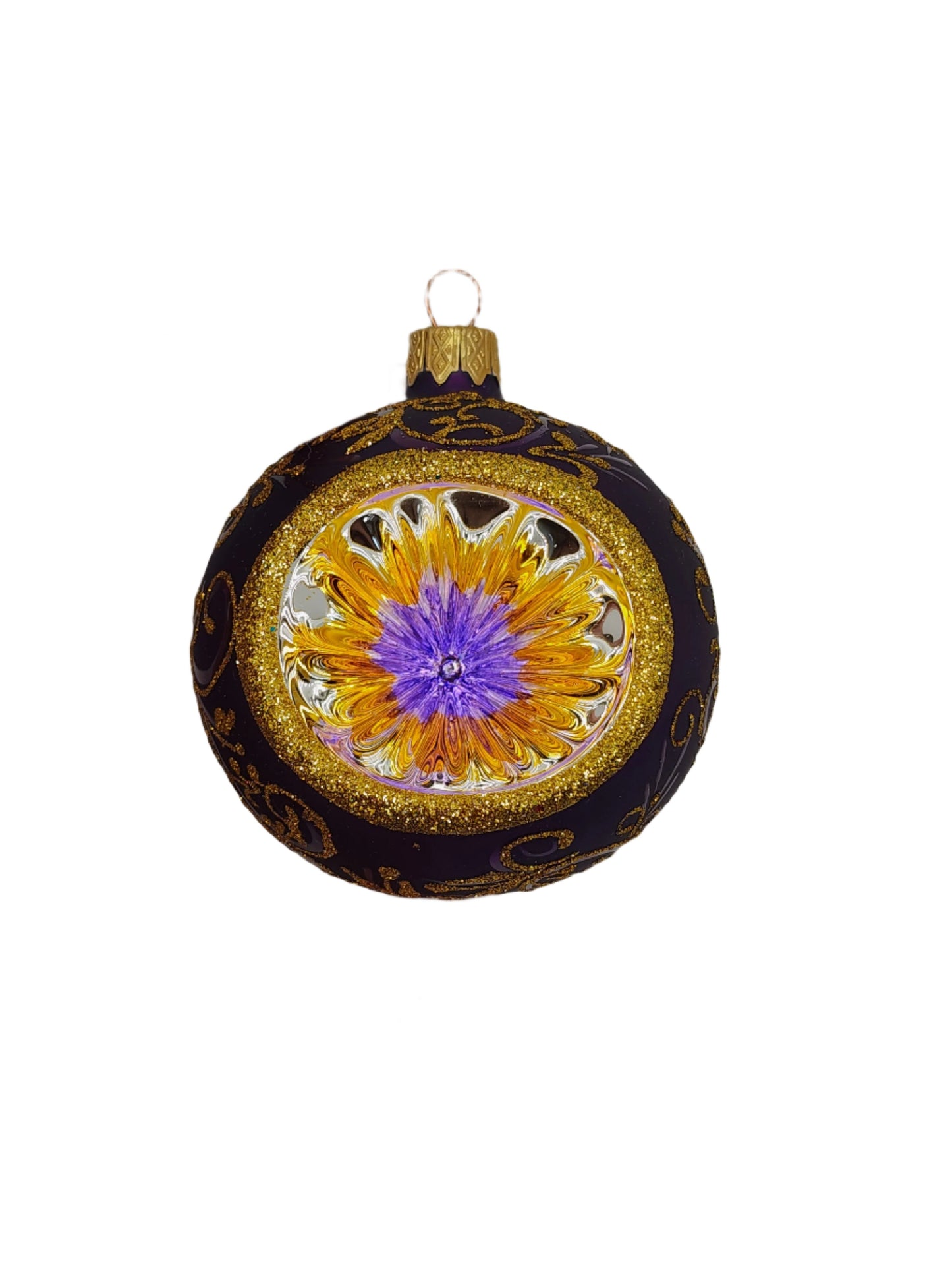 European Glass Christmas ornament of a Bauble | Frosted Glitter Pattern with Indent (J)