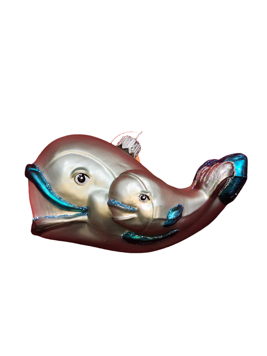 European Glass Christmas ornament of a Whale with Baby Calf (V)
