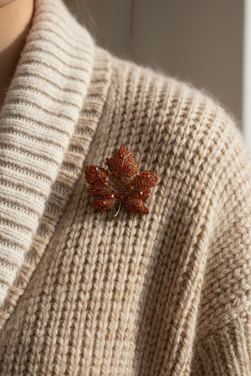 Maple leaf brooch on a textured beige sweater