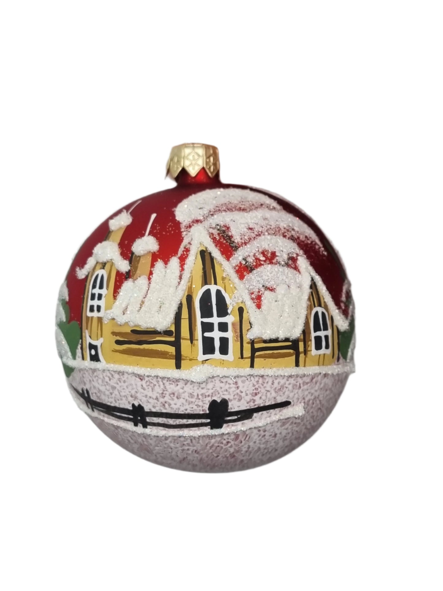 European Glass Christmas ornament of a Bauble | Colourful with a Frosted House & Regular Hook (K)