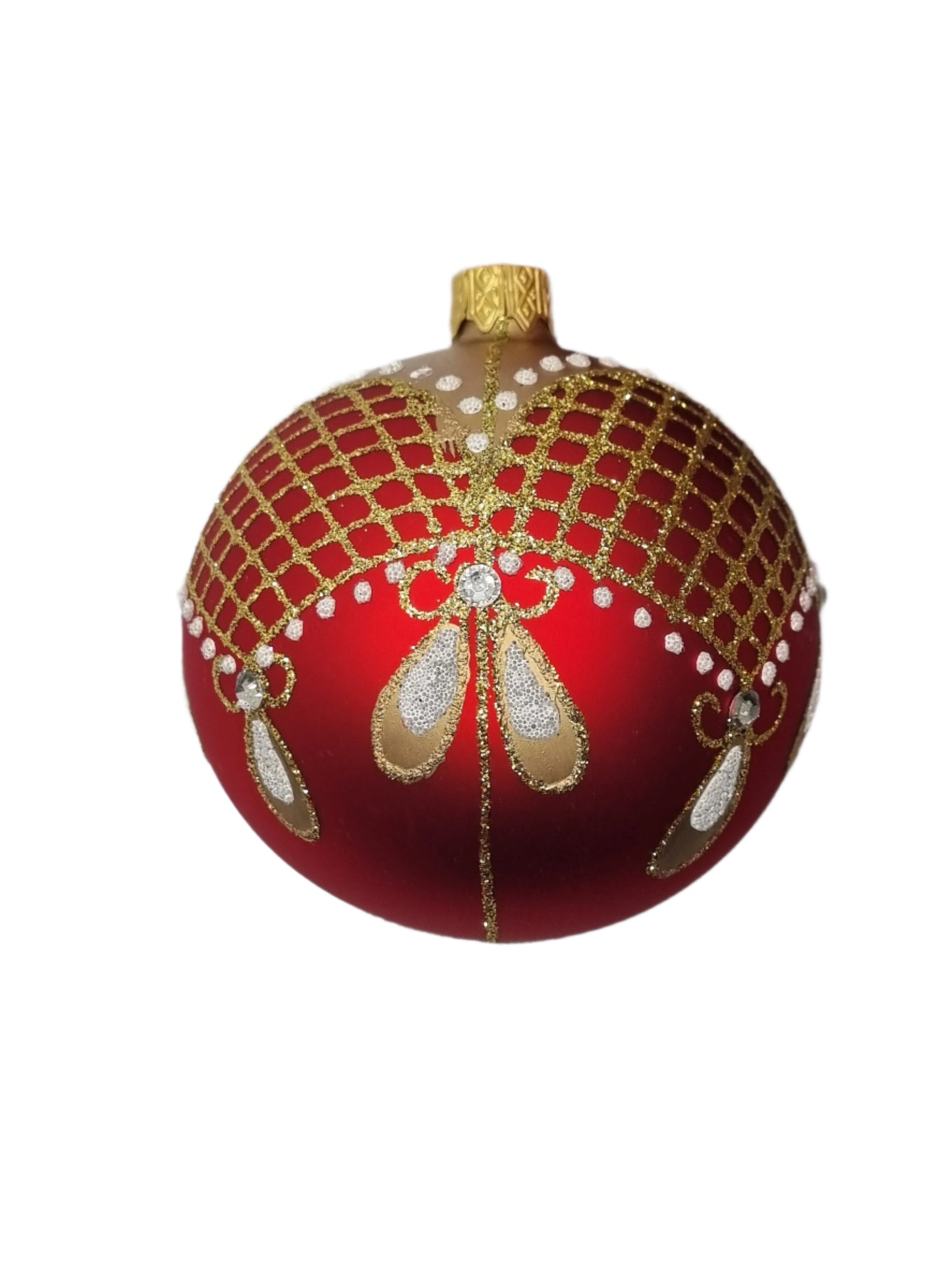 red bauble with gold & silver glitter design