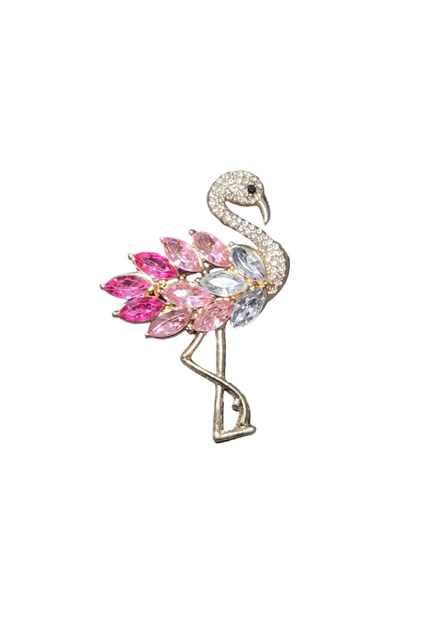 A flamingo-shaped brooch with pink, clear, and silver marquise-cut crystals