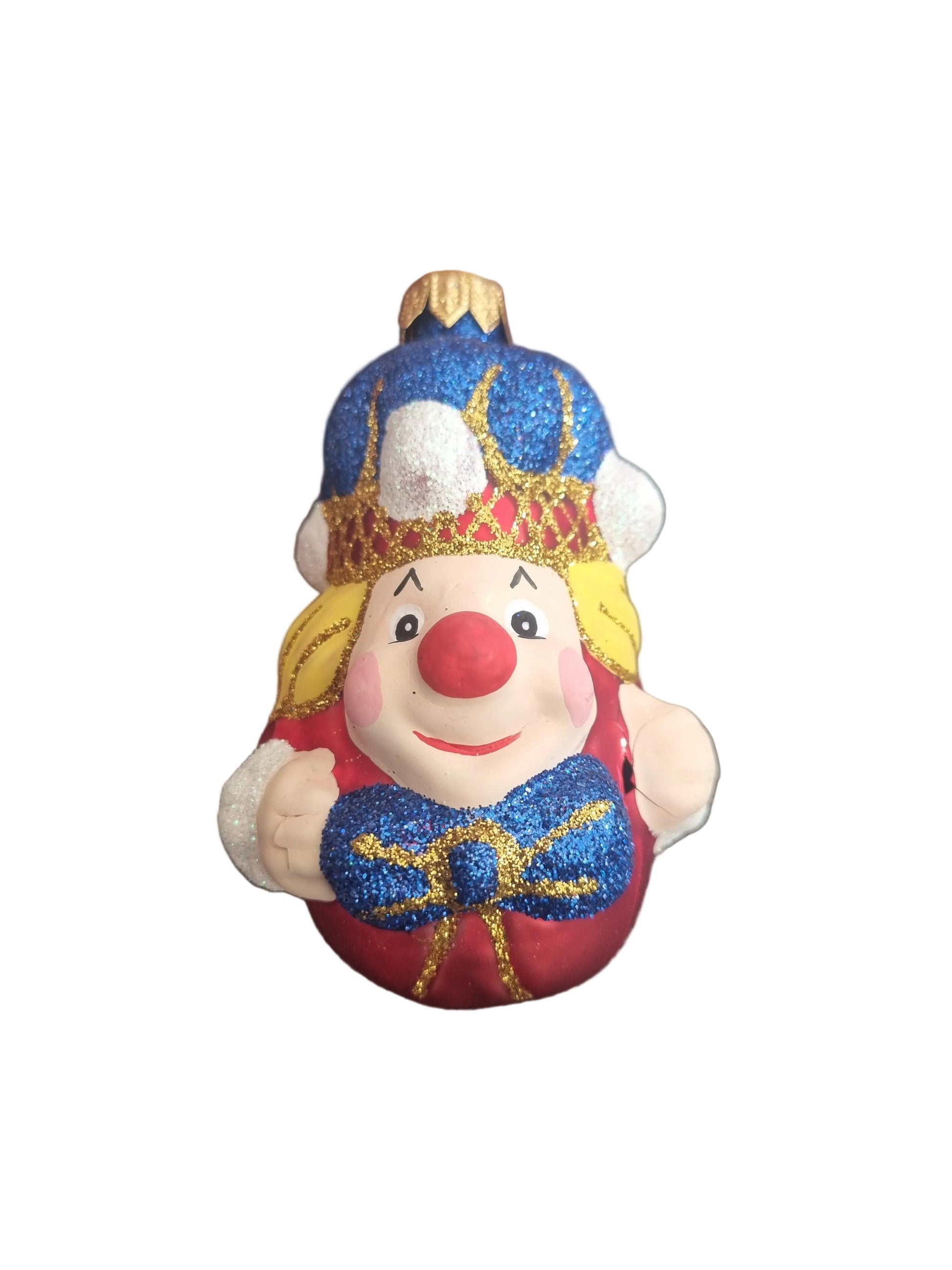 Glass character with clown-like features 
