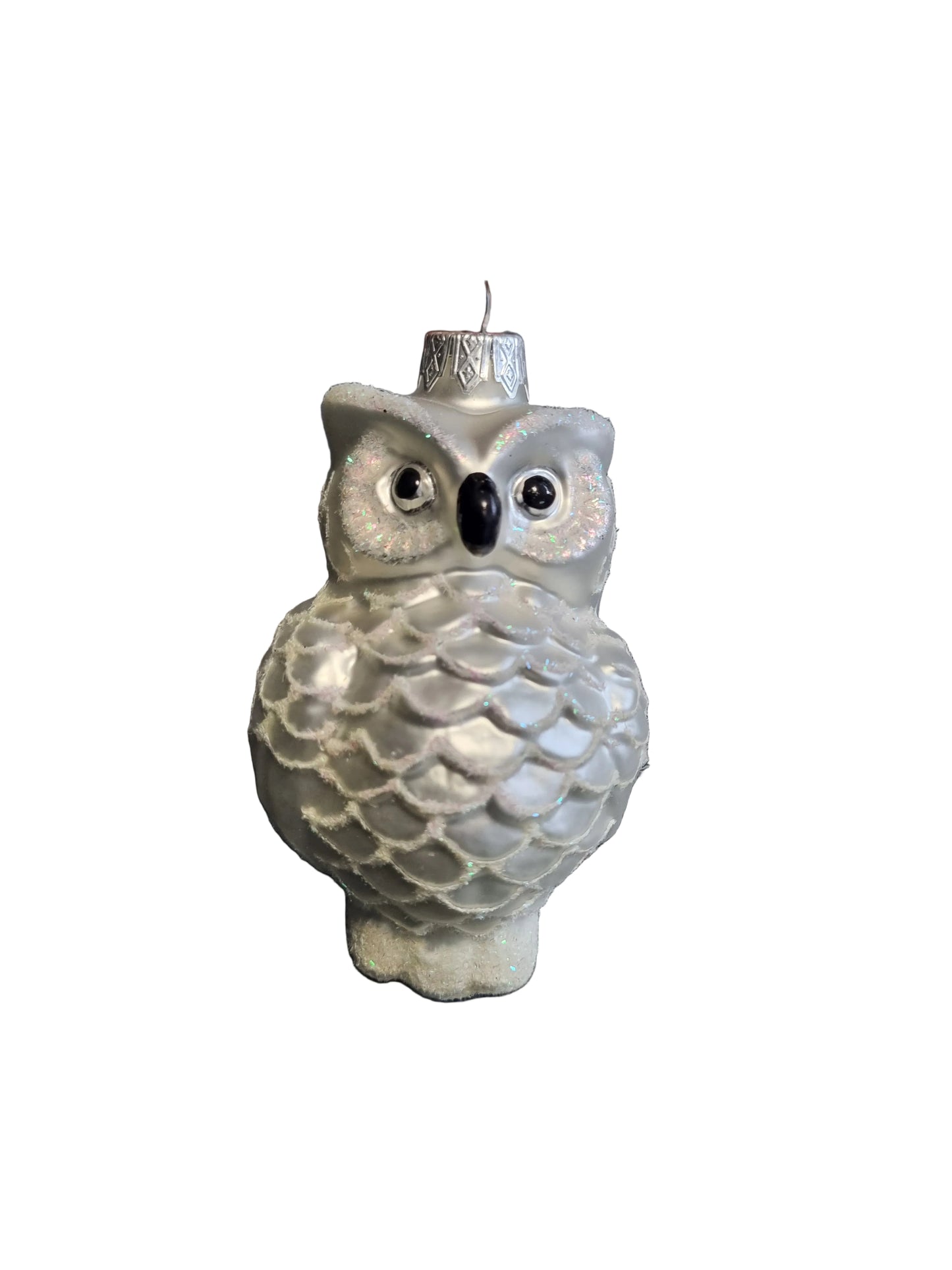 Silver owl-shaped glass Christmas ornament 