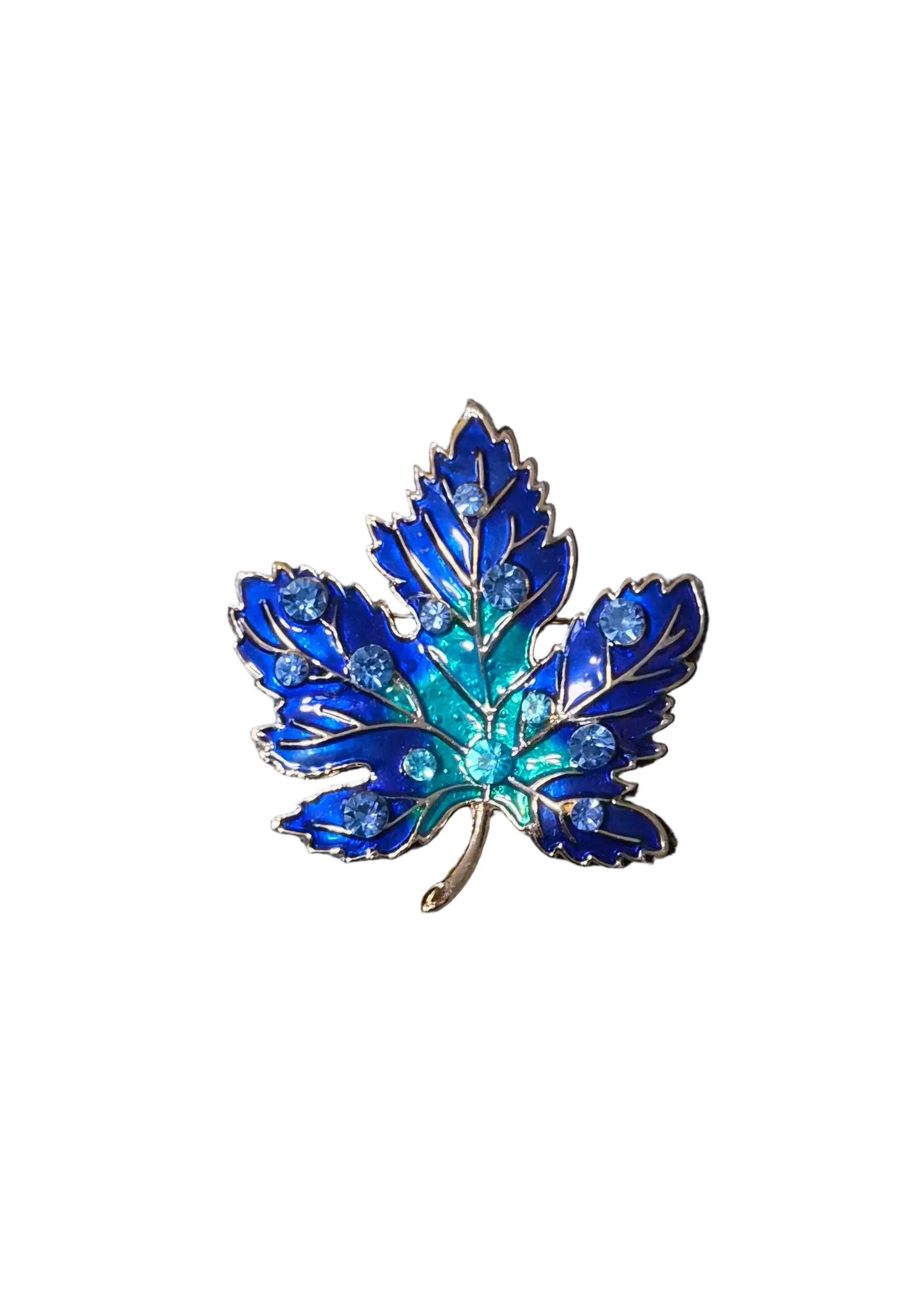 A small enamel maple leaf brooch in vibrant blue and turquoise with silver-tone metal outlines