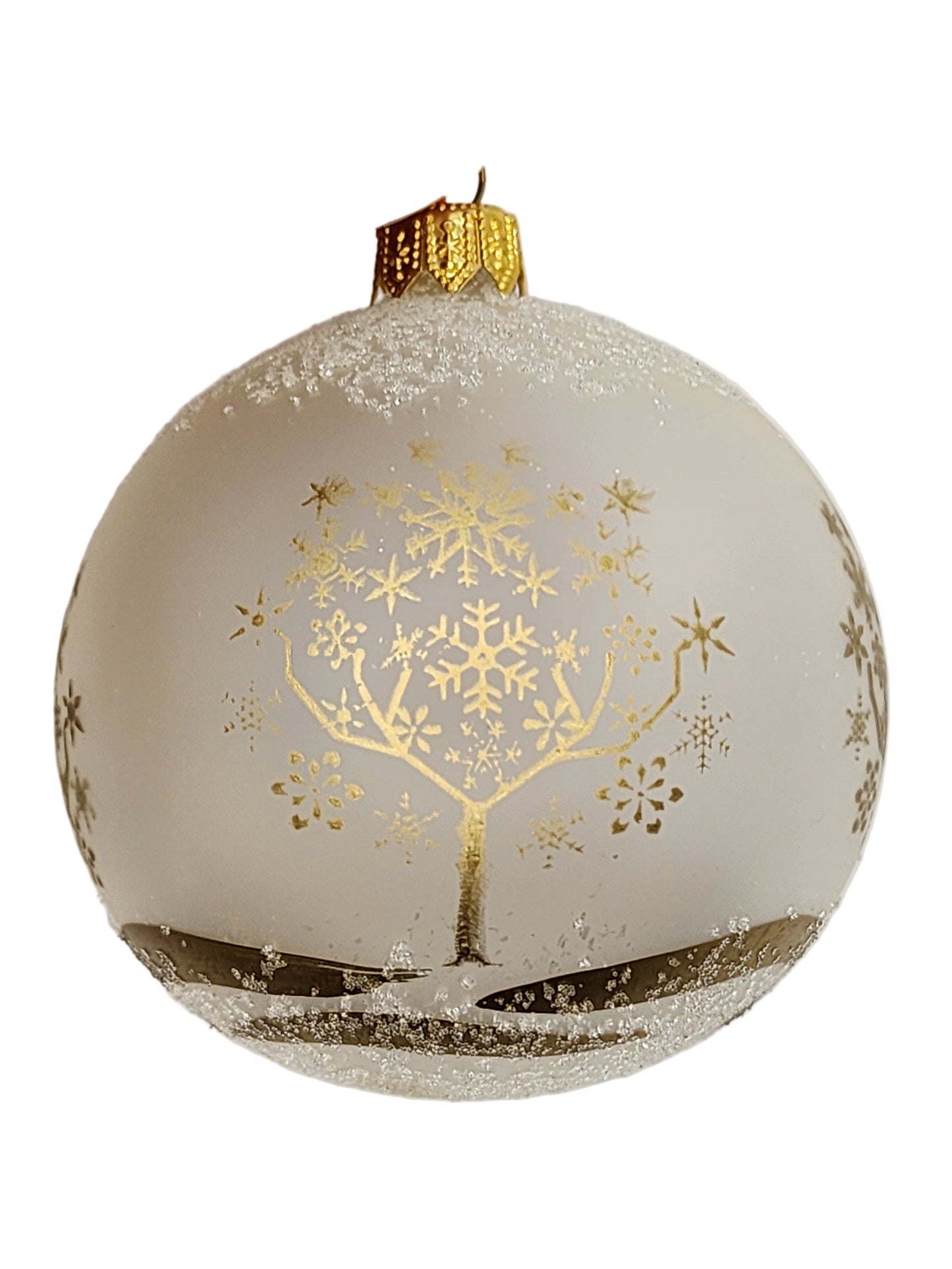 White Christmas ornament with gold snowflake designs against a white background