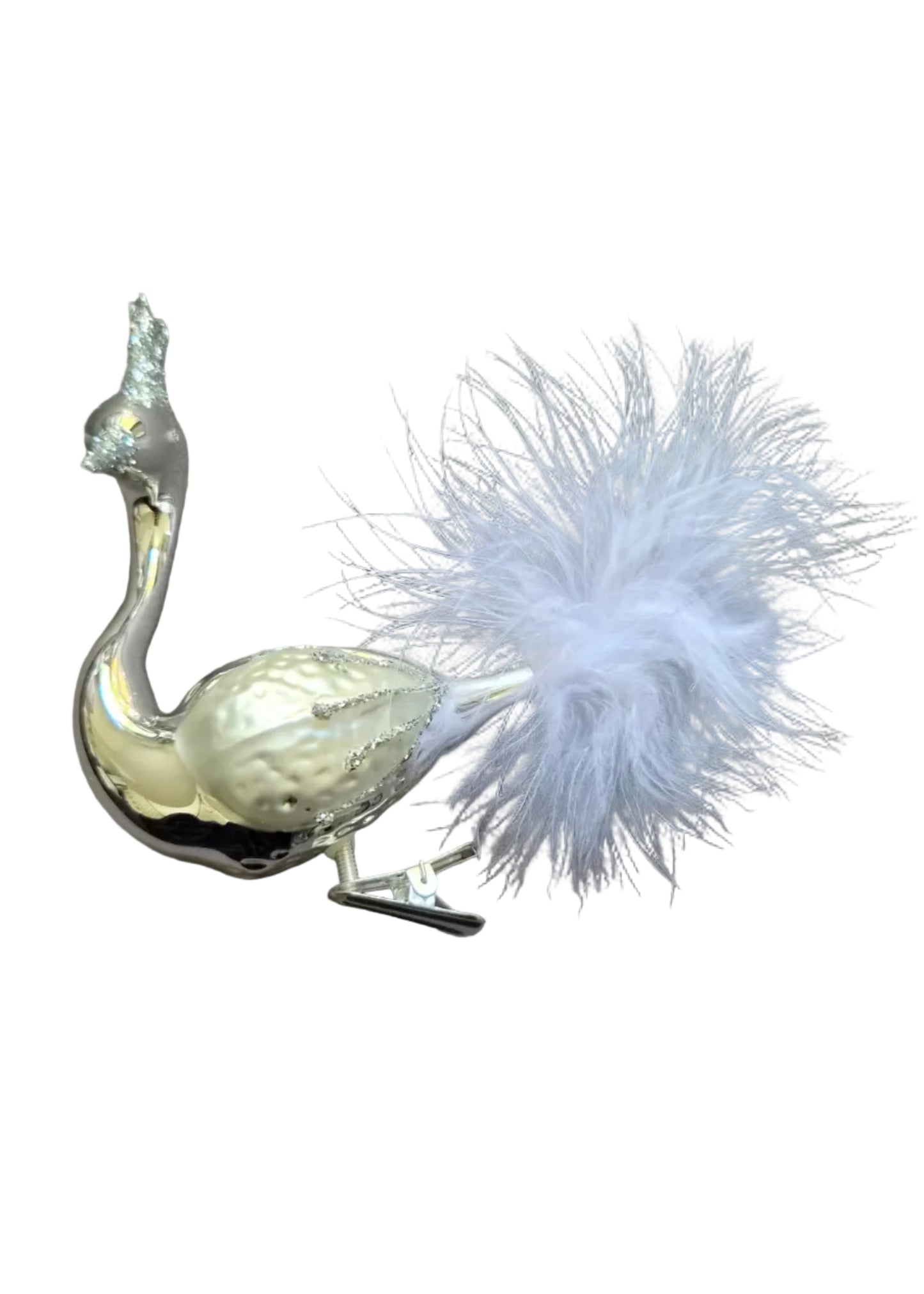 A silver-toned decorative bird figurine with a white fluffy tail.