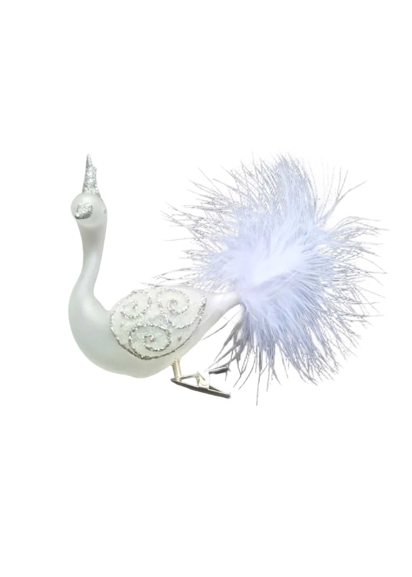 A white decorative peacock figurine with a textured body, floral crest, and fluffy feather tail.