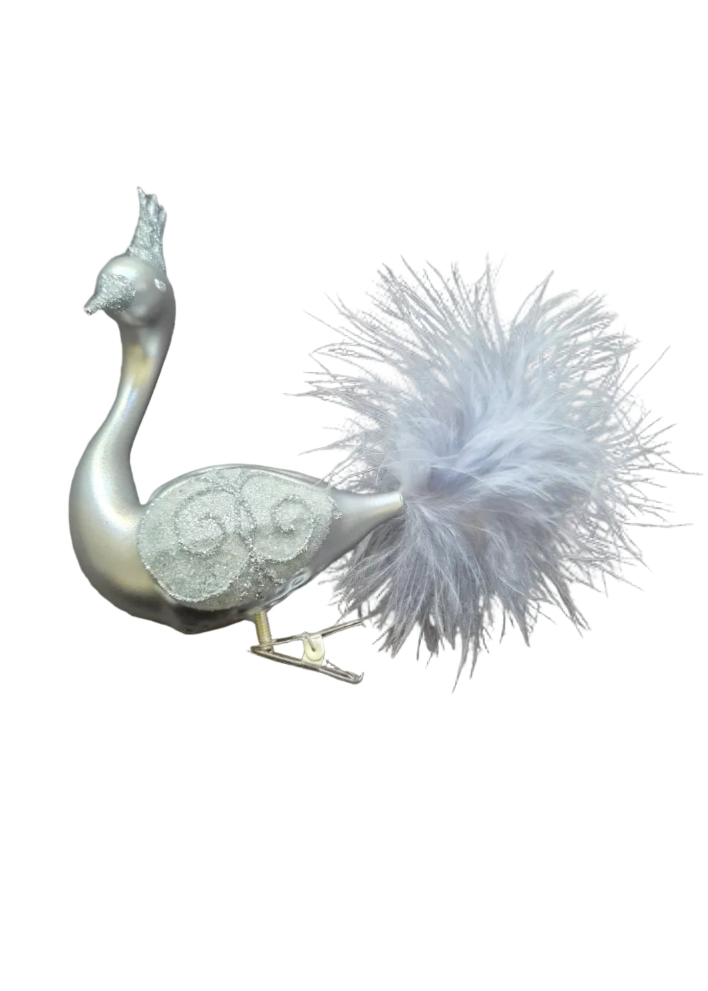 A silver decorative peacock ornament with a white feather plume