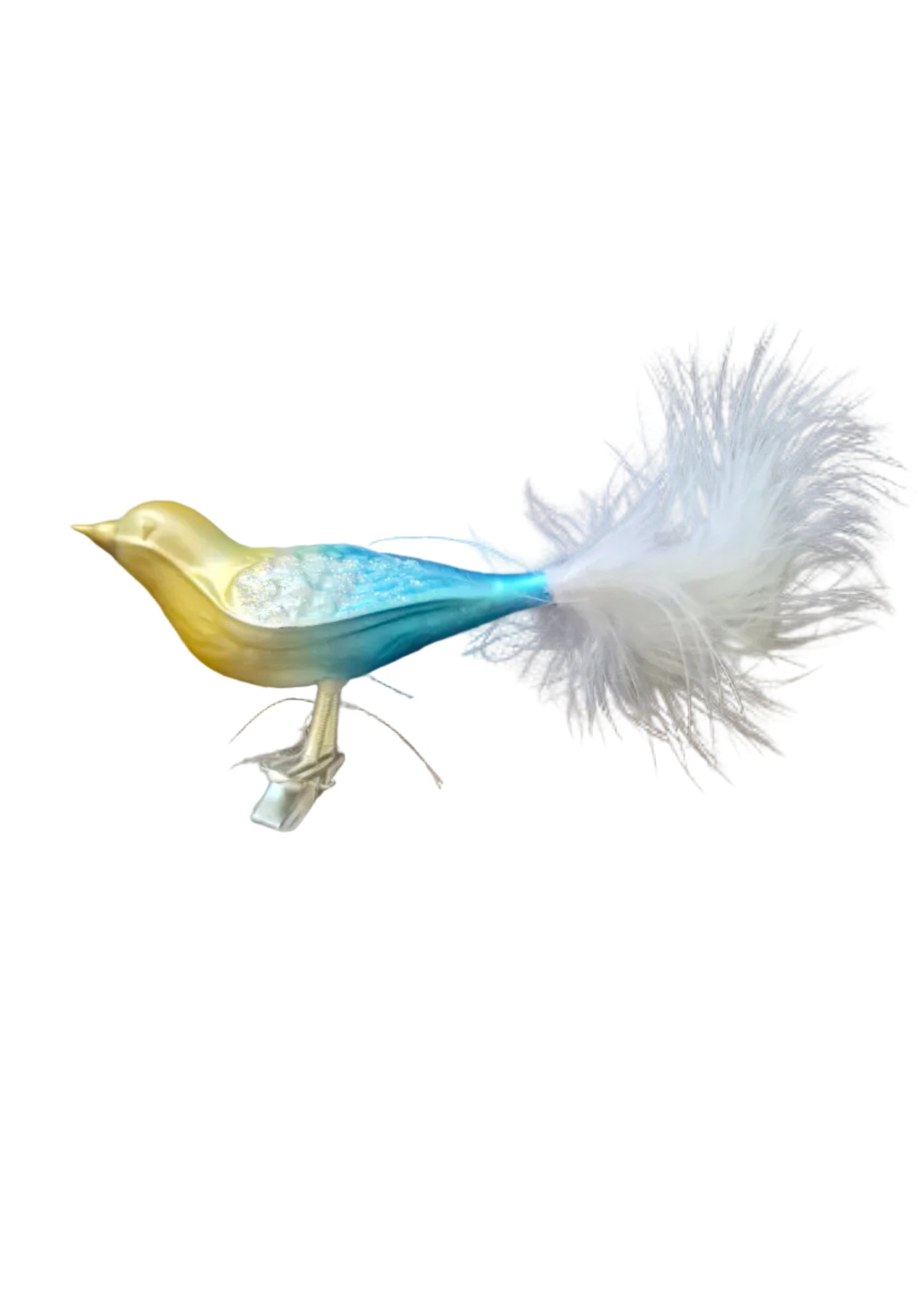 A decorative bird figurine with a gold and blue gradient body and a white feather tail